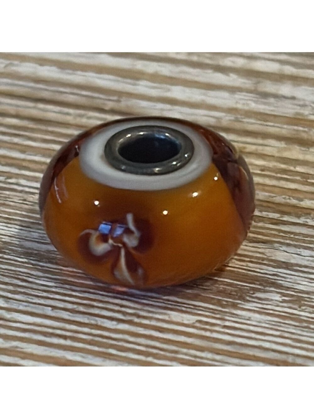 TROLLBEADS fur flower glass bead orange brown white sterling silver core bead